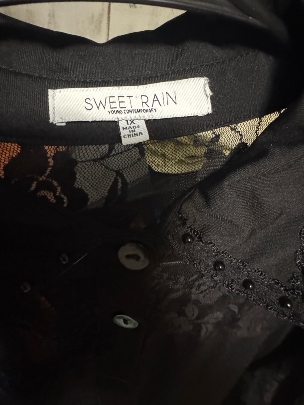 Sweet Rain Black Lace Button-Front Blouse with Beaded Collar - Picture 2 of 9